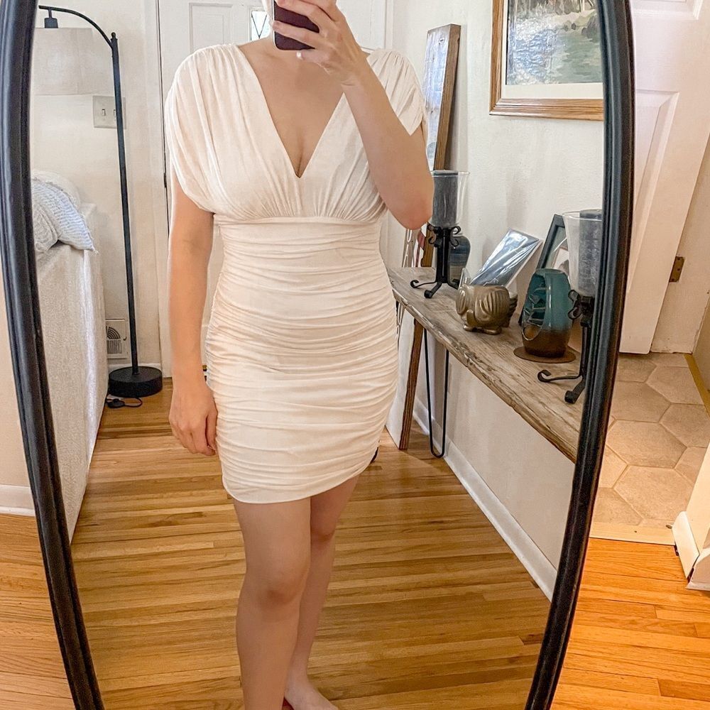 BCBG Ruched Bodycon Mini Dress in Off White M